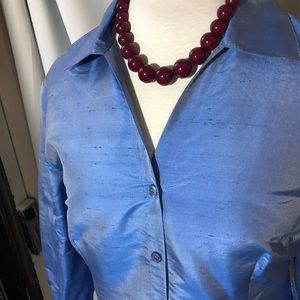 Silk tailored button front blouse sky blue elegant comfort, Large